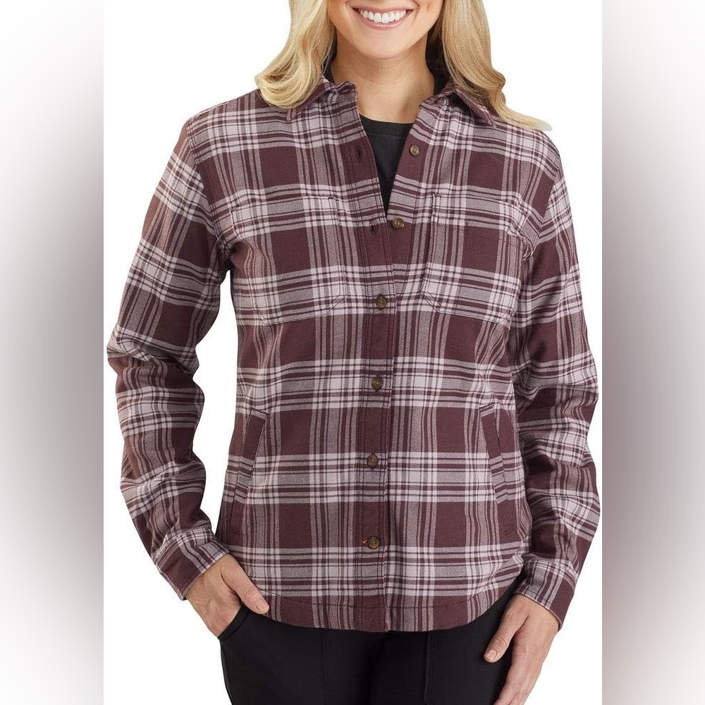 Carhartt Womens S (4-6) Rugged Flex Relaxed Fit Flannel Fleece Lined Plaid Shirt